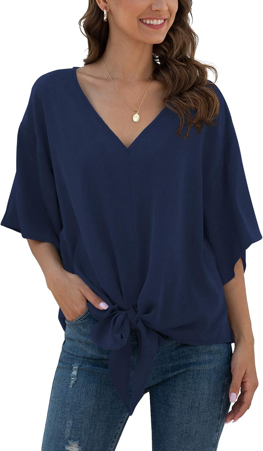 Women's V Neck Batwing 3/4 Sleeve Tie Front Chiffon Floral Top - Image 2