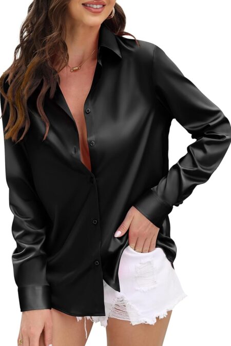 Women's Silky Satin Leopard Long Sleeve Button Down Work Shirt Blouse