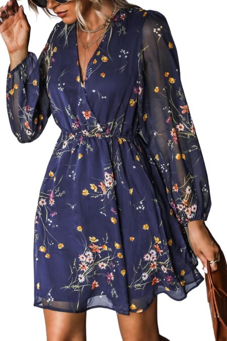 Women's V Neck Chiffon Long Peasant Sleeve Flowy Mini Dress