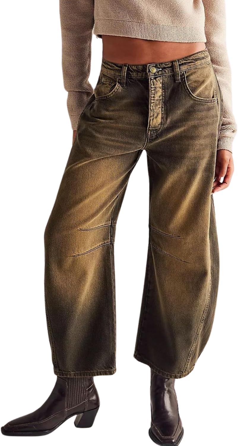 Women's Mid Rise Baggy Boyfriend Barrel Cargo Jeans