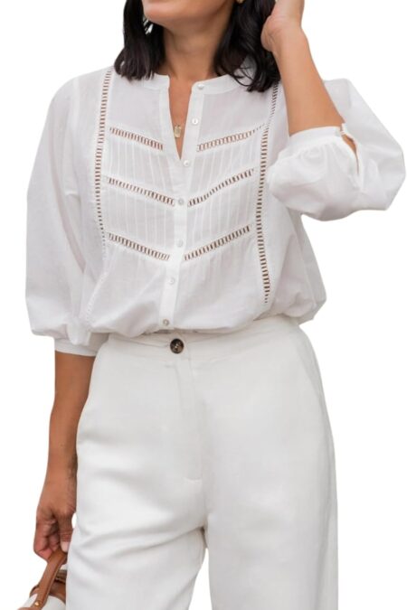 Women's Cotton Lace Bracelet Sleeve Round Neck Loose Pleated Button Down Shirt