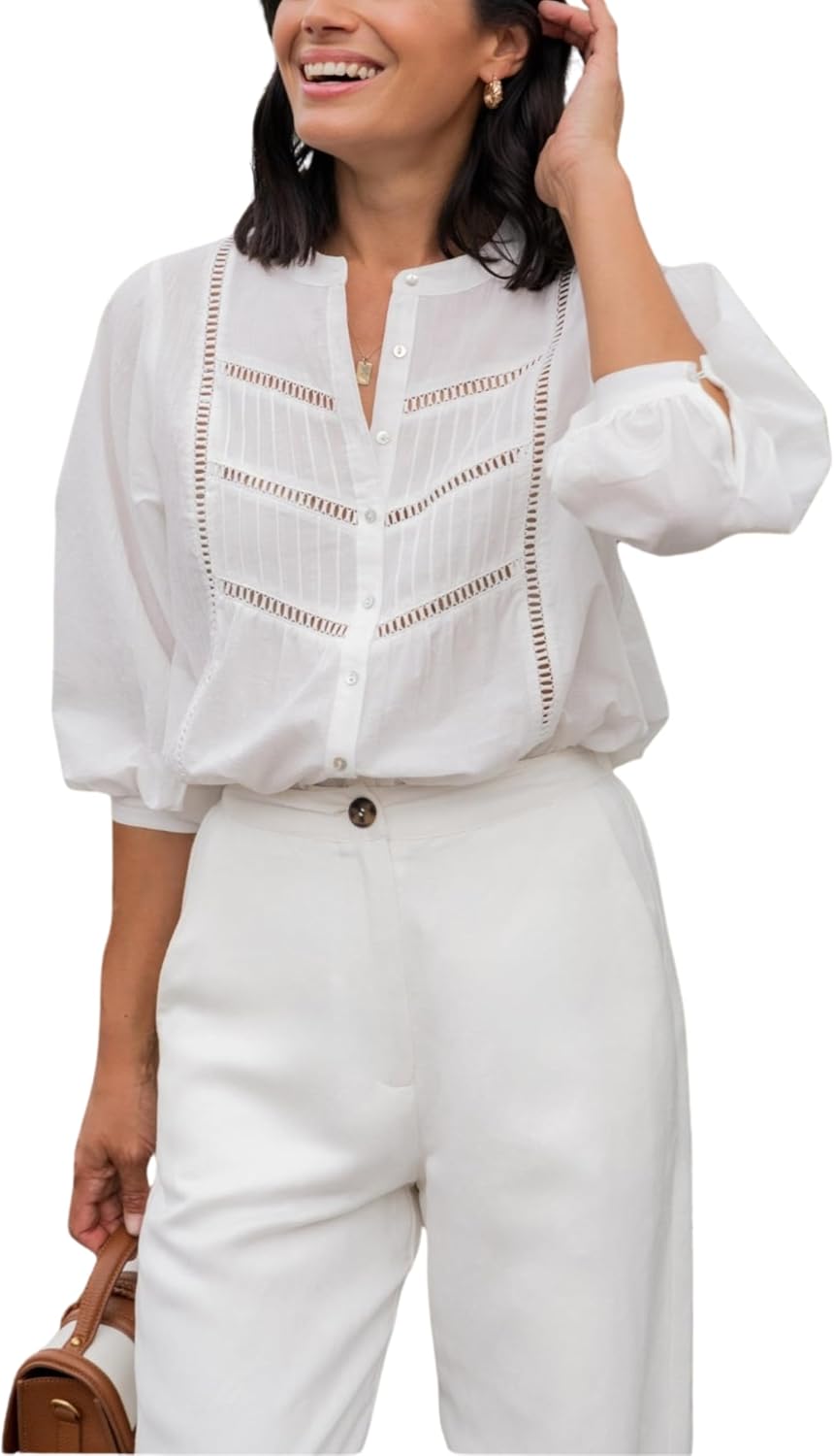 Women's Cotton Lace Bracelet Sleeve Round Neck Loose Pleated Button Down Shirt