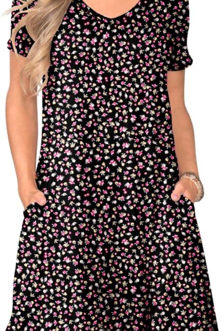 Women's Casual Short Sleeve V Neck Swing T Shirt Dress with Pockets
