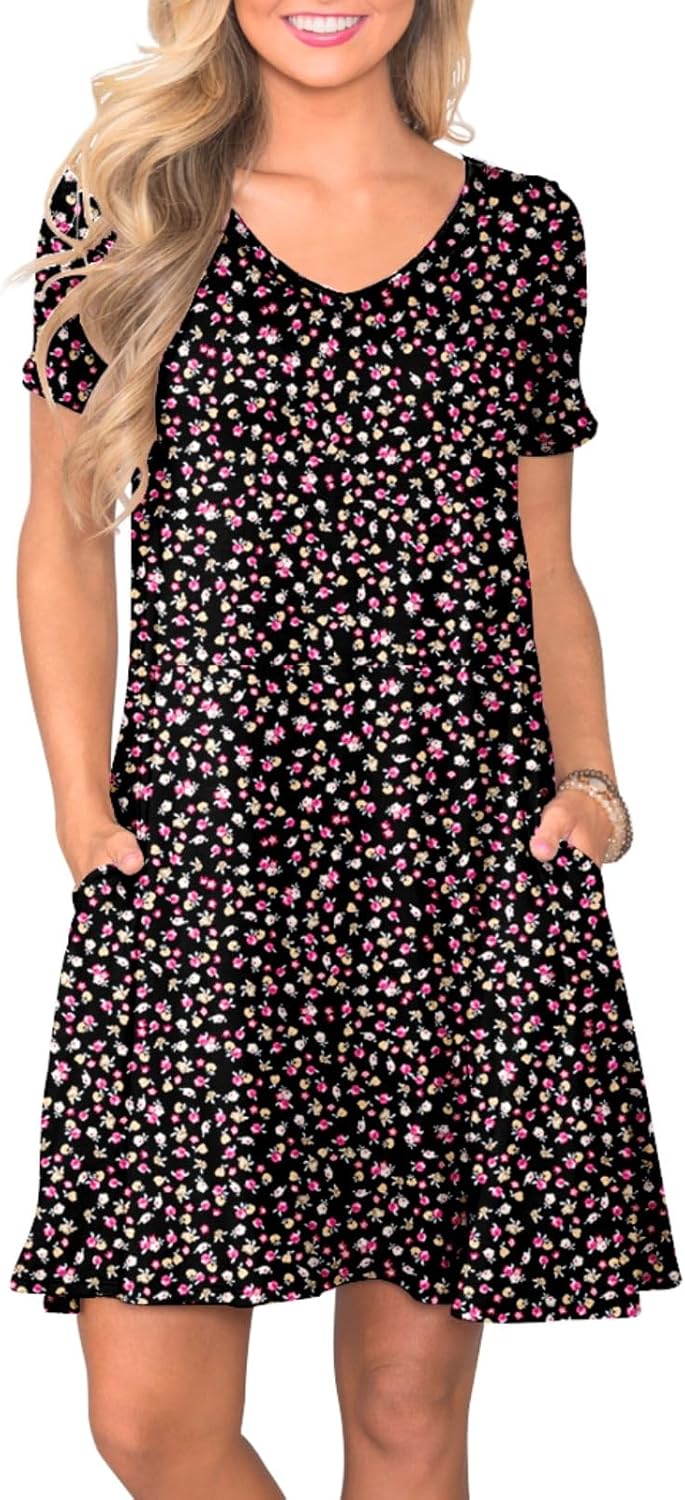 Women's Casual Short Sleeve V Neck Swing T Shirt Dress with Pockets