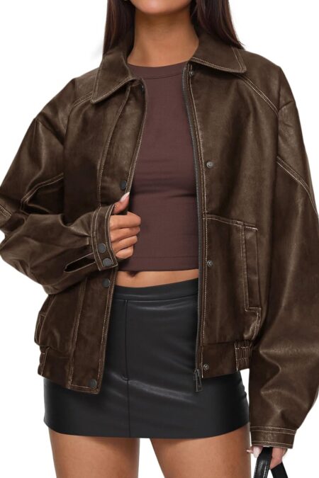 Women's Oversized Faux Fur Moto Biker Zip Up Leather Jacket