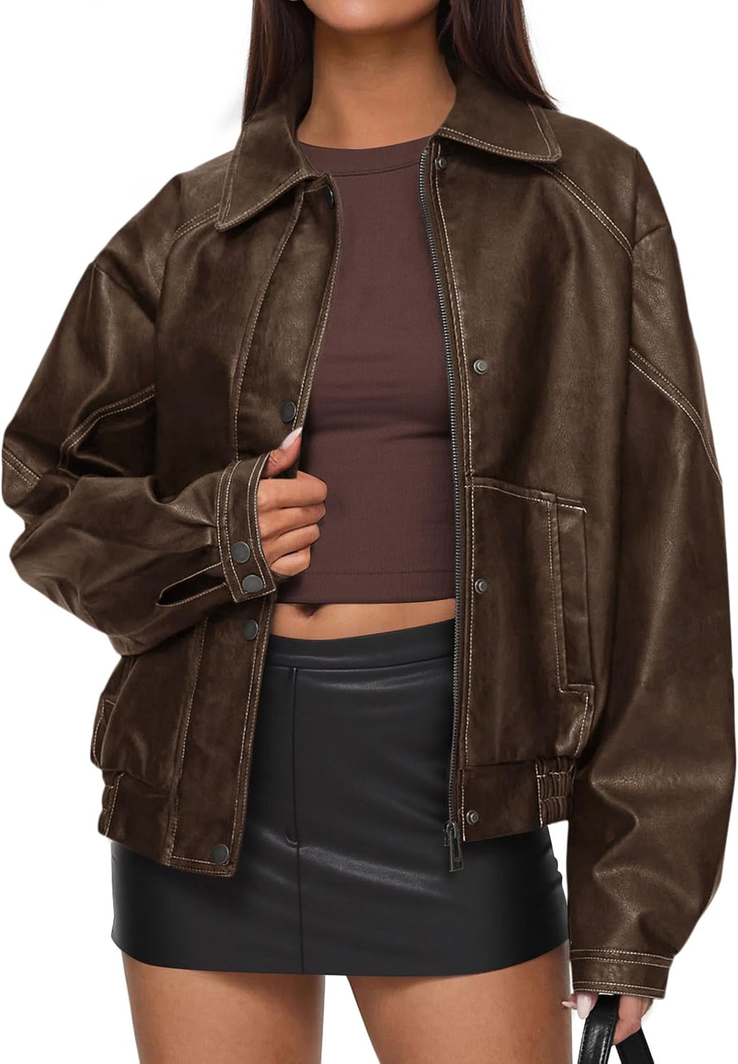 Women's Oversized Faux Fur Moto Biker Zip Up Leather Jacket
