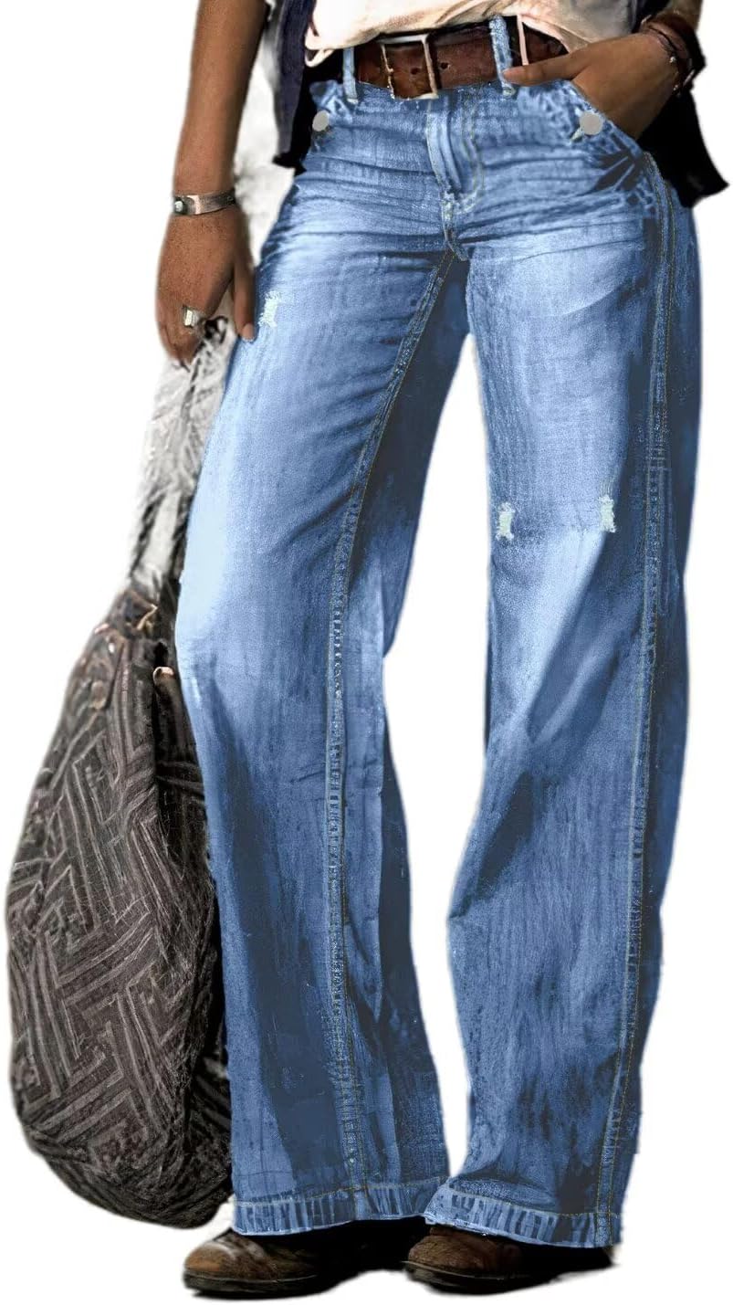Women's Mid Waisted Ripped Raw Hem Straight Leg Bootcut Jeans - Image 2