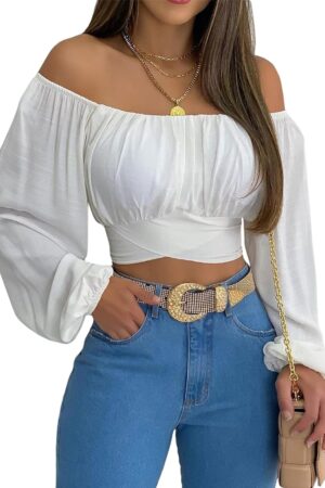 Women's Off Shoulder Ruched Tie Back Lantern Sleeve Crop Top