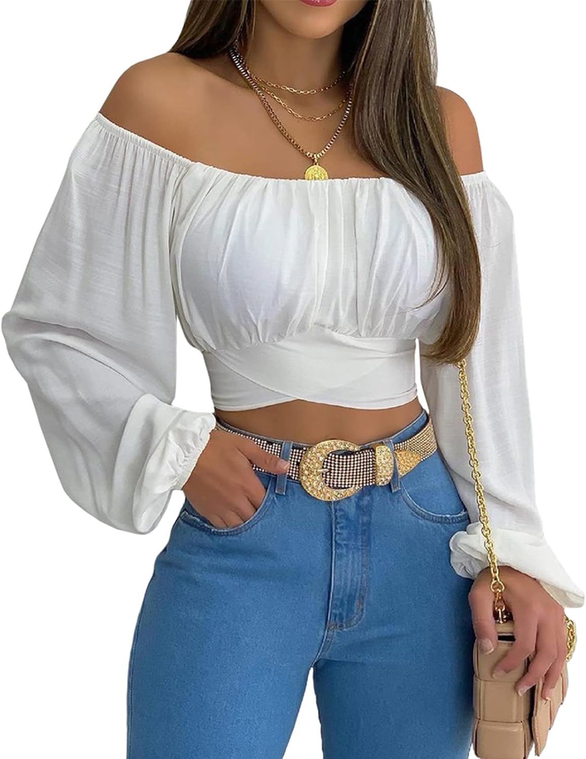 Women's Off Shoulder Ruched Tie Back Lantern Sleeve Crop Top