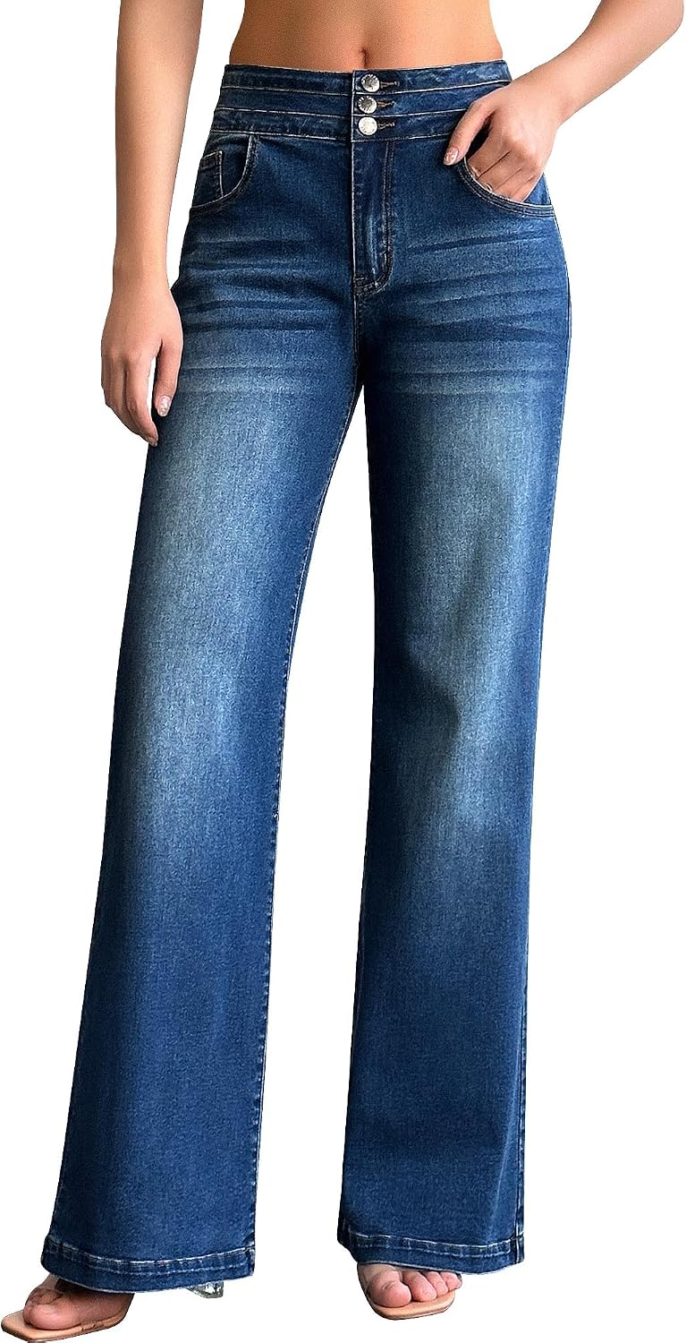 Women's Casual High Waisted Stretchy Baggy Loose Wide Leg Denim Pants