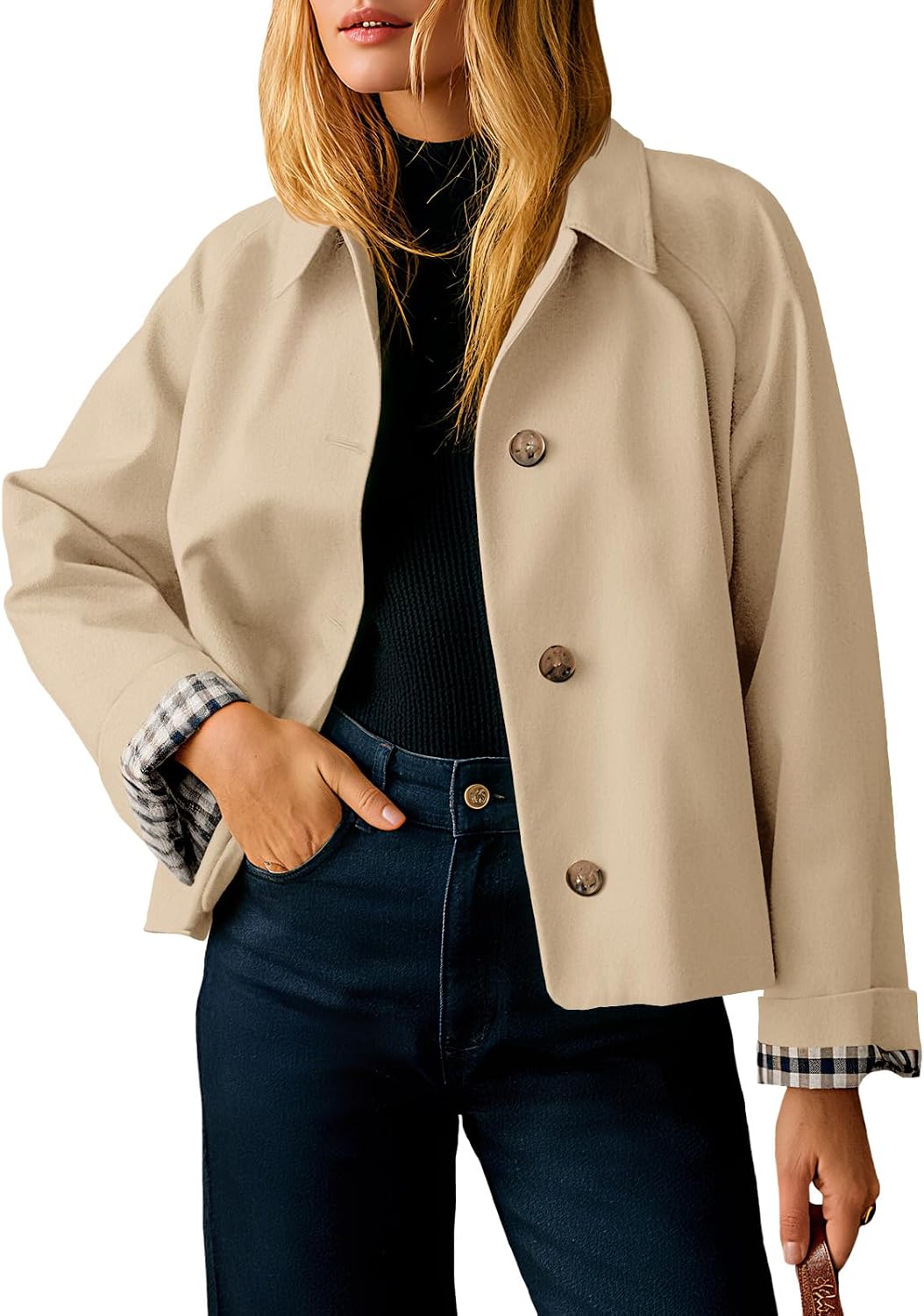 Women's Cropped Single Breasted Lapel Lightweight Fall Windbreaker Jacket