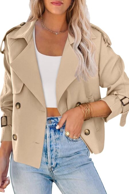 Women's Cropped Double Breasted Raglan Sleeve Work Office Jacket with Pockets
