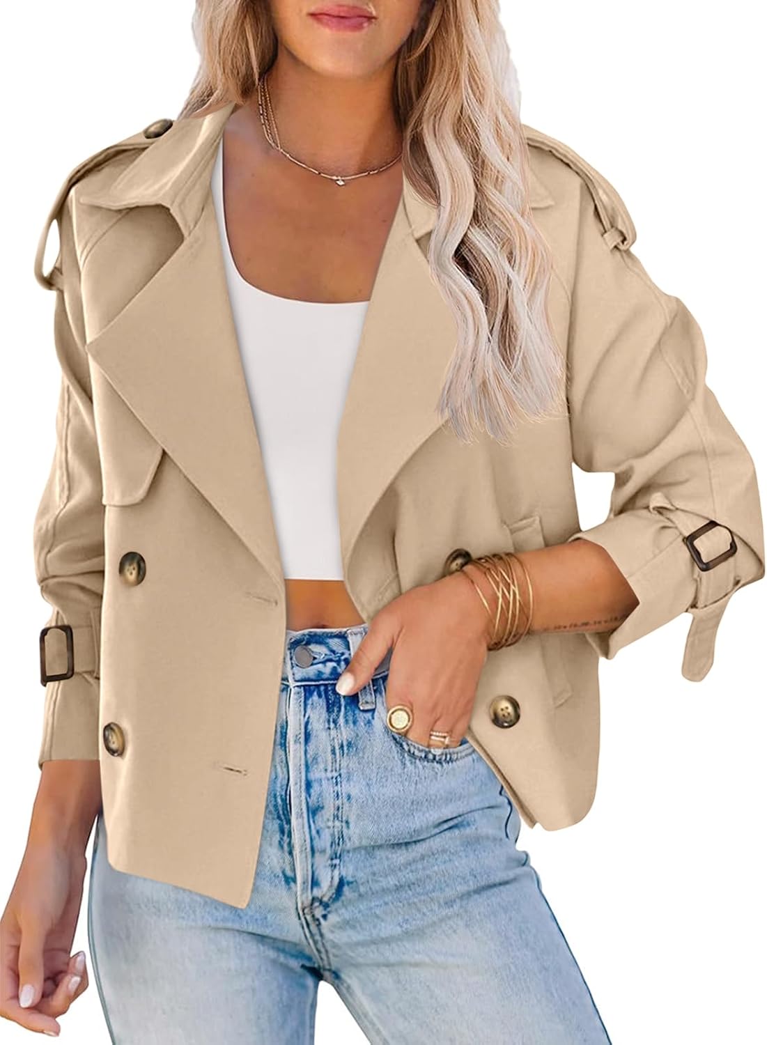 Women's Cropped Double Breasted Raglan Sleeve Work Office Jacket with Pockets