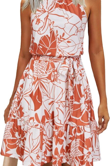 Women's Halter Neck Belted Ruffle Hem Summer Sundress with Pockets