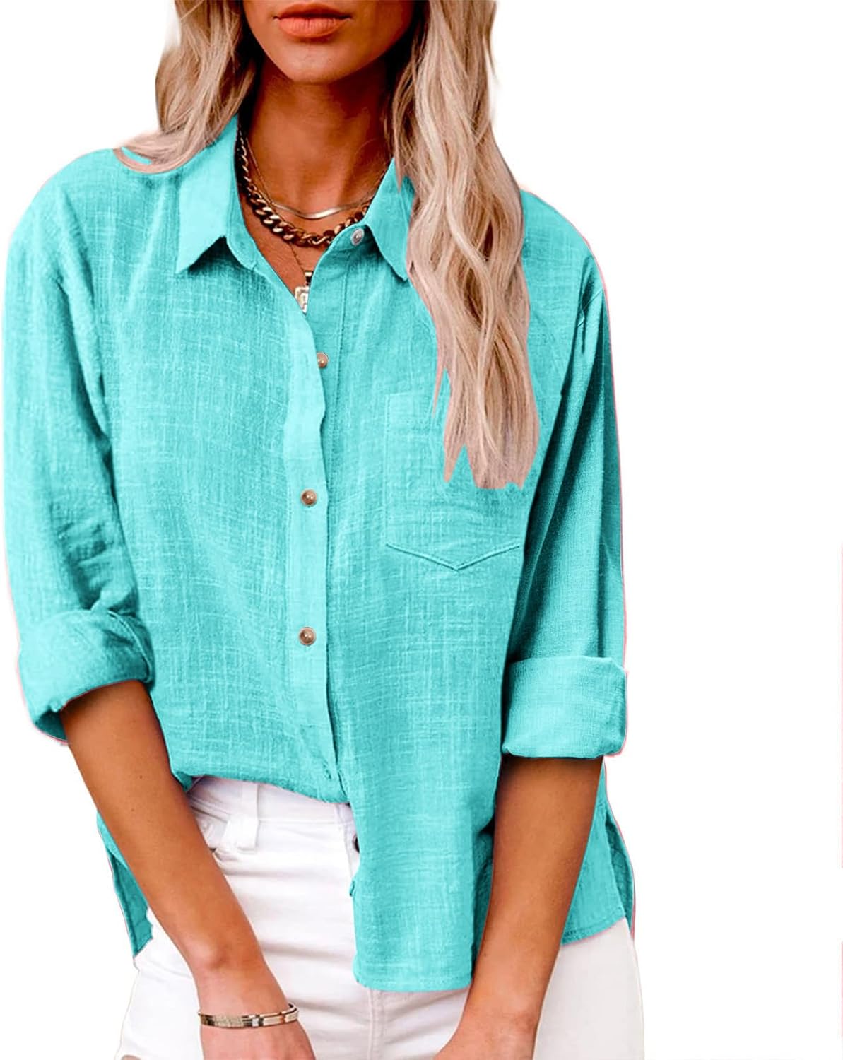 Women's Gauze Cotton Long Sleeve Collared Linen Button Down Shirt - Image 2