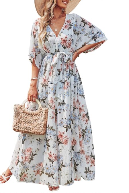 Women's Wrap V Neck 3/4 Sleeve Floral Printed Slit Beach Maxi Dress