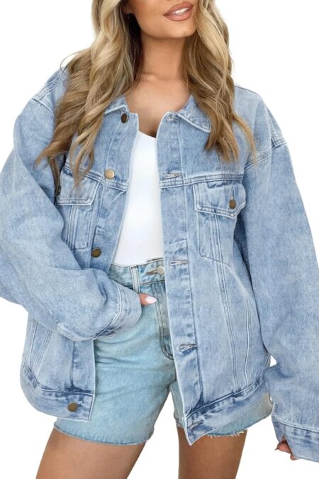 Women's Oversized Classic Button Down Denim Jacket with Chest Pockets