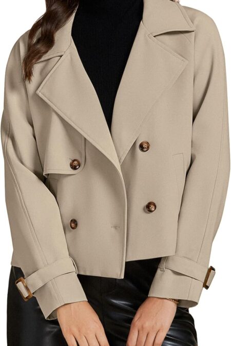 Women's Cropped Double Breasted Notched Lapel Loose Fit Jacket with Pockets