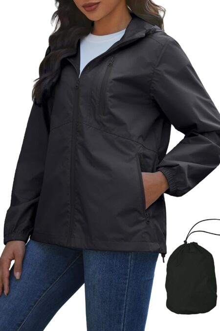 Women's Lightweight Packable Waterproof Hooded Rain Jacket