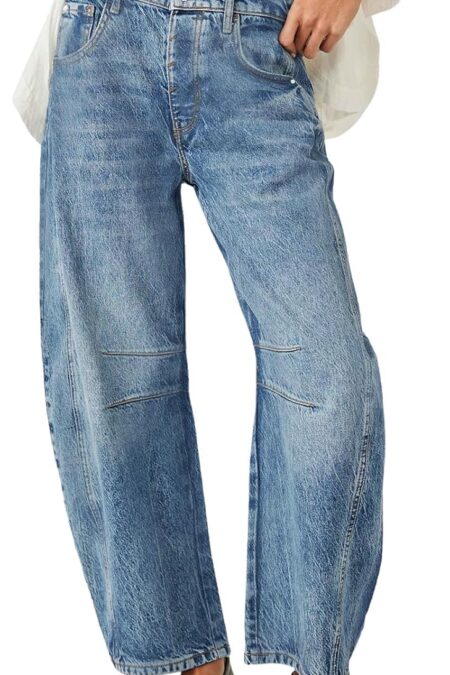 Women's Vintage Mid Rise Baggy Boyfriend Barrel Denim Ankle Pants