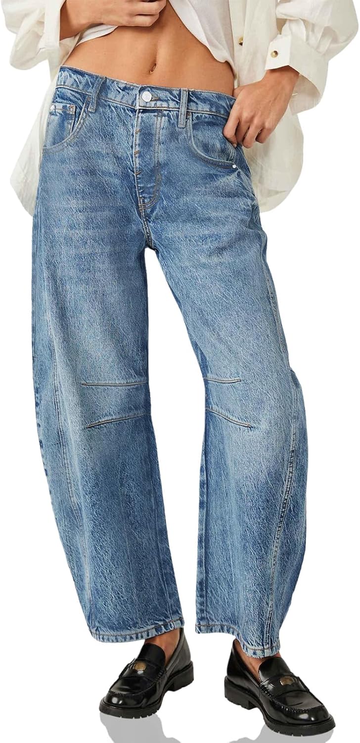 Women's Vintage Mid Rise Baggy Boyfriend Barrel Denim Ankle Pants