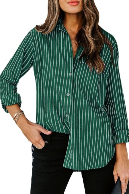 Women's Cotton Striped Long Sleeve Collared Office Button Down Blouse