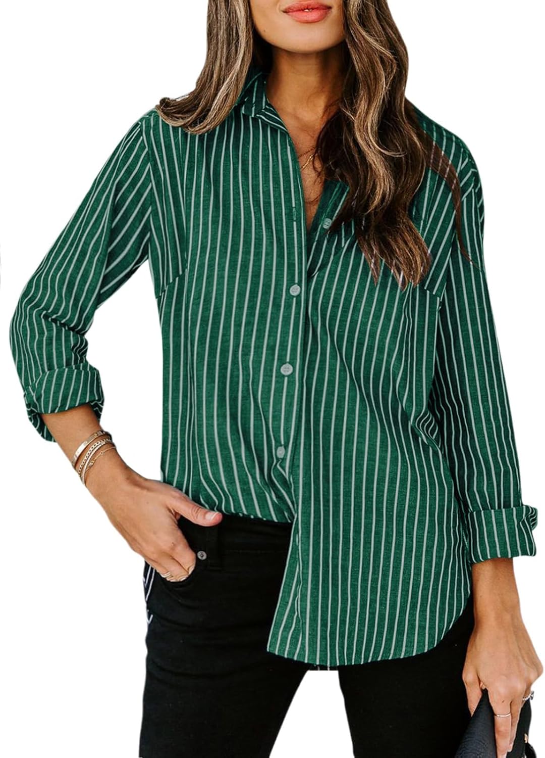 Women's Cotton Striped Long Sleeve Collared Office Button Down Blouse