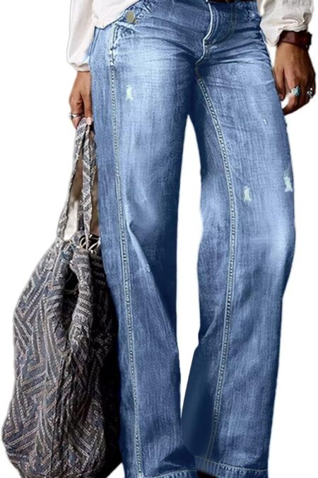 Women's Mid Waisted Ripped Raw Hem Straight Leg Bootcut Jeans
