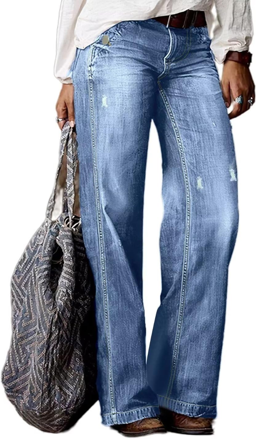 Women's Mid Waisted Ripped Raw Hem Straight Leg Bootcut Jeans