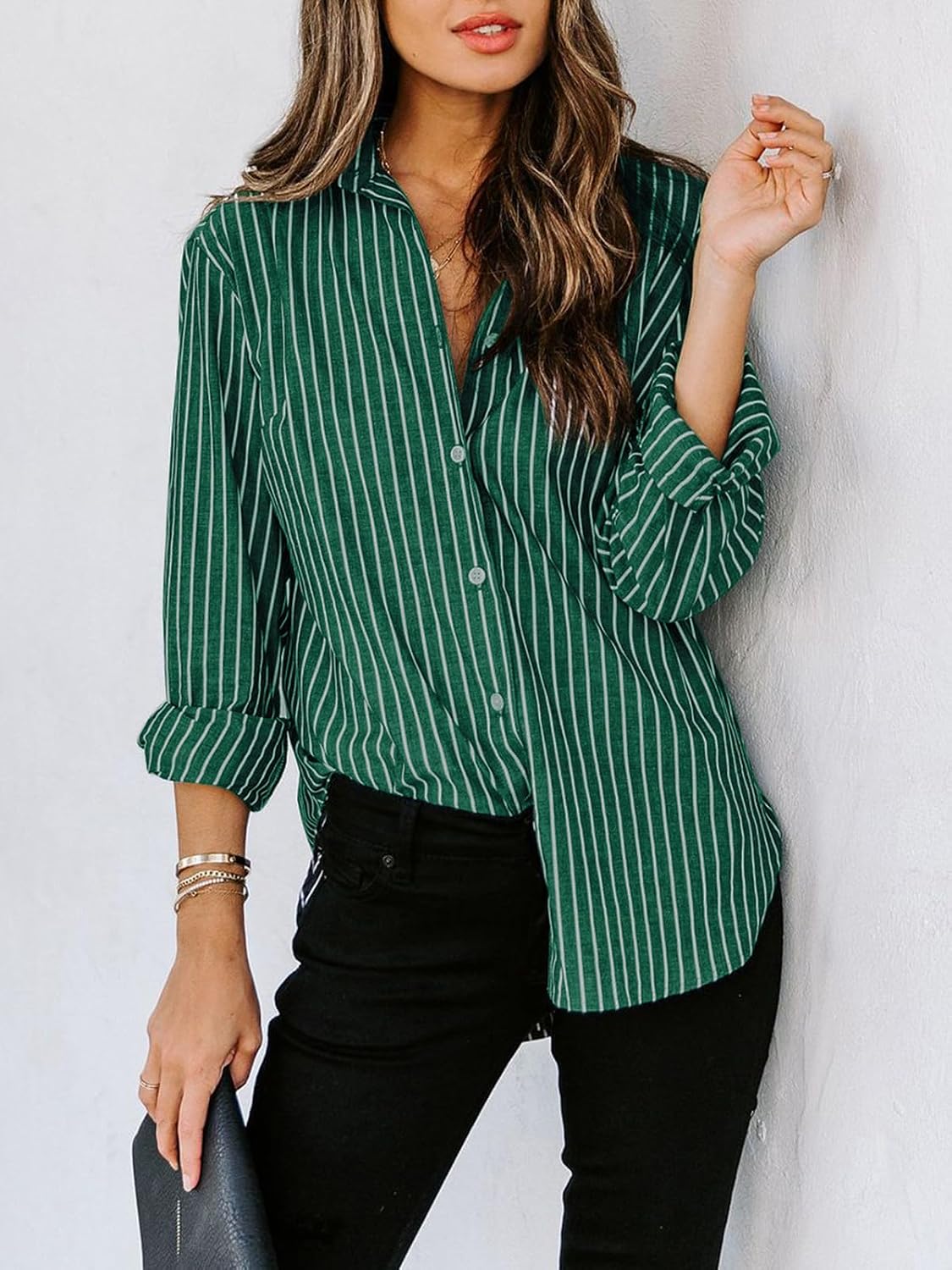 Women's Cotton Striped Long Sleeve Collared Office Button Down Blouse - Image 2