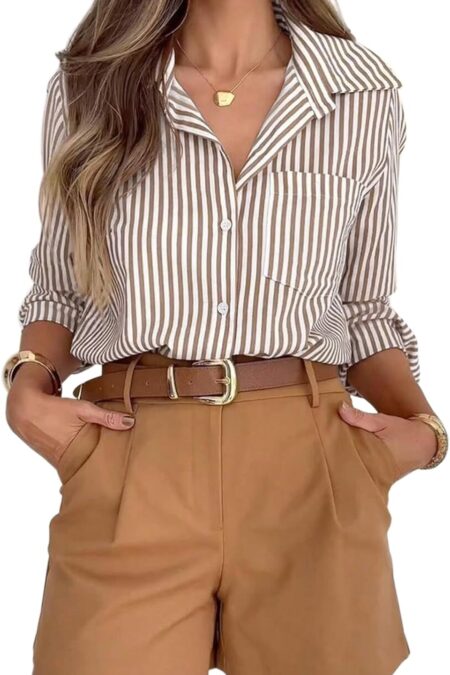 Women's Wrinkle Free Striped V Neck Collared Long Sleeve Office Work Shirt with Pocket