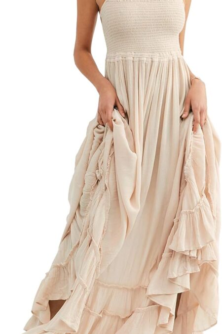 Women's Halter Neck Tie Backless Shirred Elastic Bodice Ruffle Hem Maxi Dress
