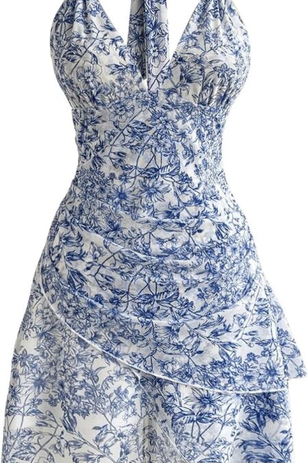 Women's Floral Print Halter Deep V Tie Backless Mini Dress