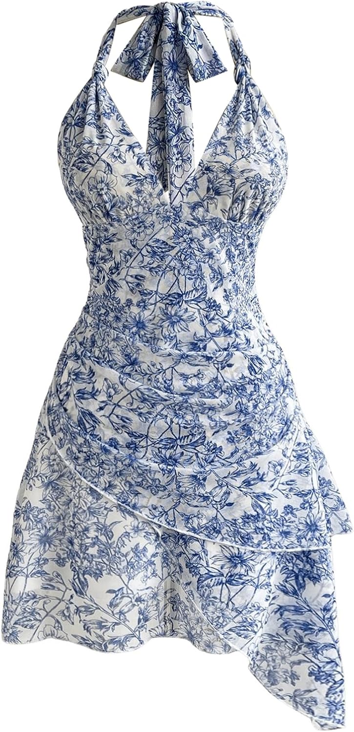 Women's Floral Print Halter Deep V Tie Backless Mini Dress