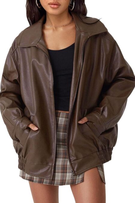Women's Oversized Faux Leather Motorcycle Style Zip Up Jacket