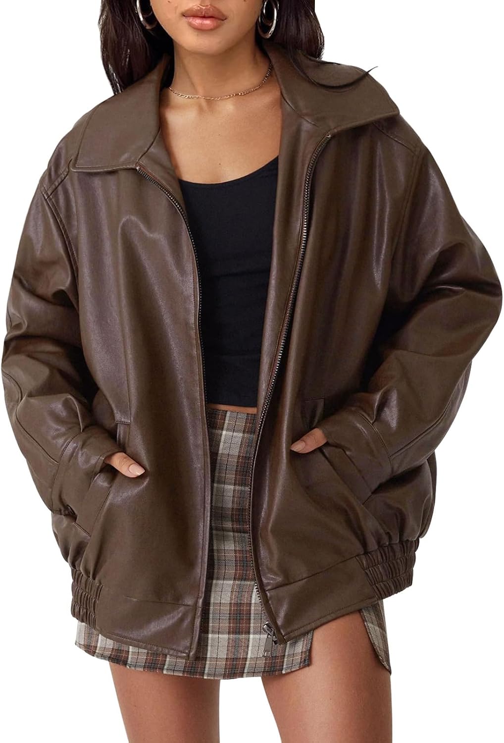 Women's Oversized Faux Leather Motorcycle Style Zip Up Jacket