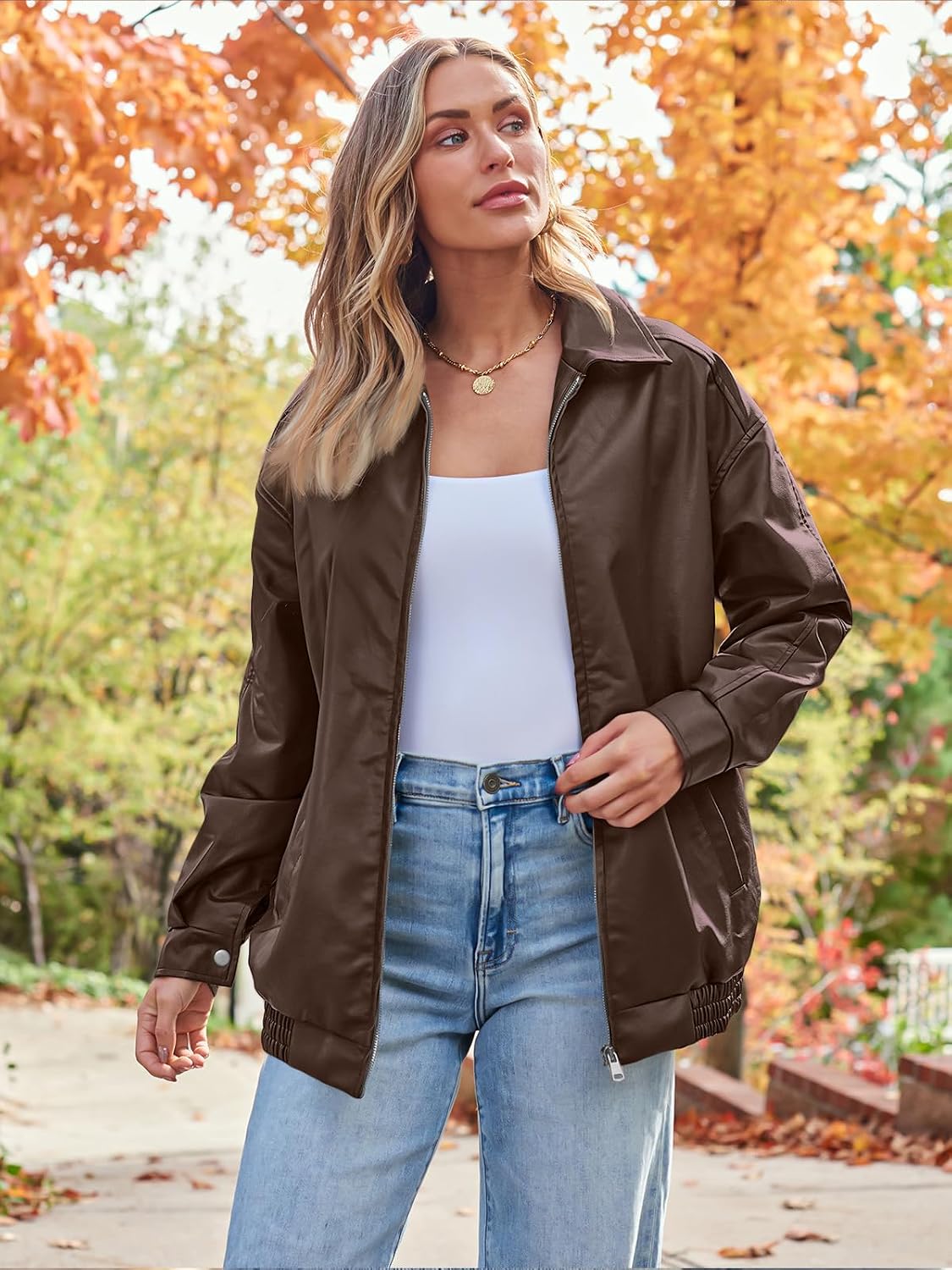 Women's Oversized Faux Leather Motorcycle Style Zip Up Jacket - Image 2