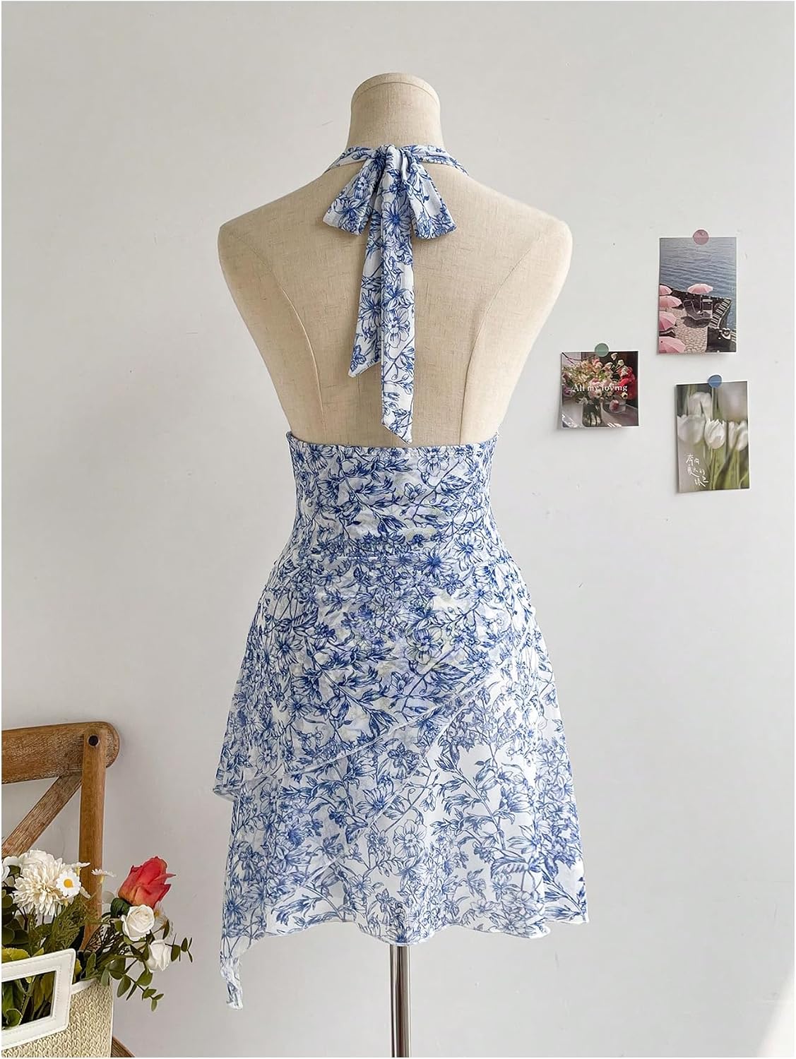 Women's Floral Print Halter Deep V Tie Backless Mini Dress - Image 2