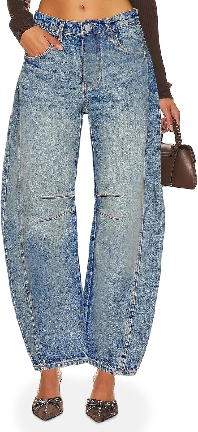 Women's Vintage Mid Rise Baggy Boyfriend Barrel Denim Ankle Pants - Image 2