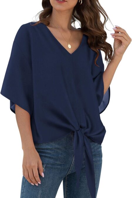 Women's V Neck Batwing 3/4 Sleeve Tie Front Chiffon Floral Top