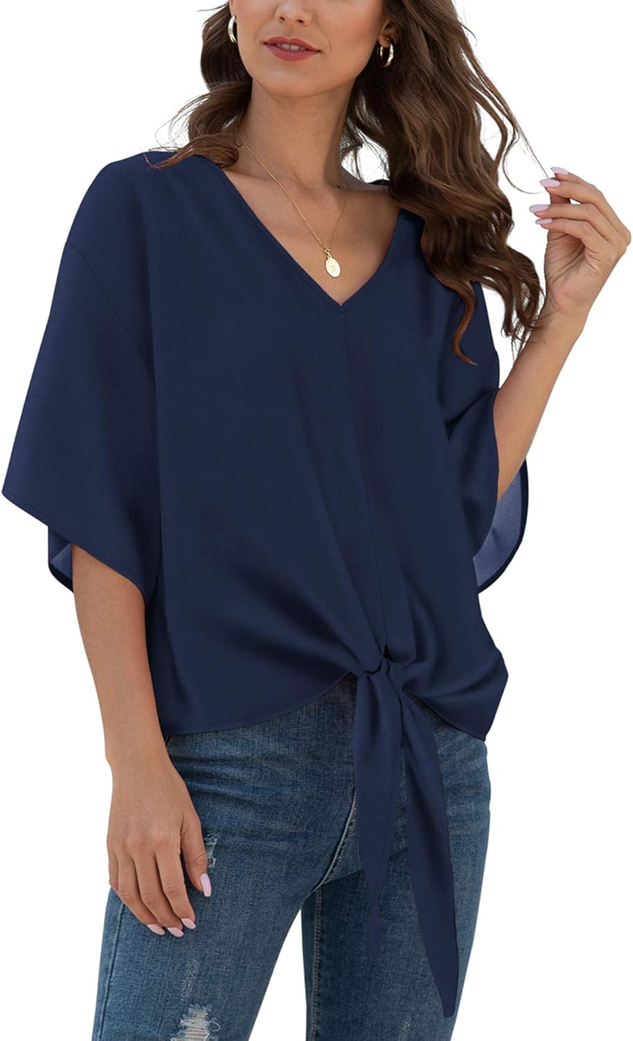 Women's V Neck Batwing 3/4 Sleeve Tie Front Chiffon Floral Top