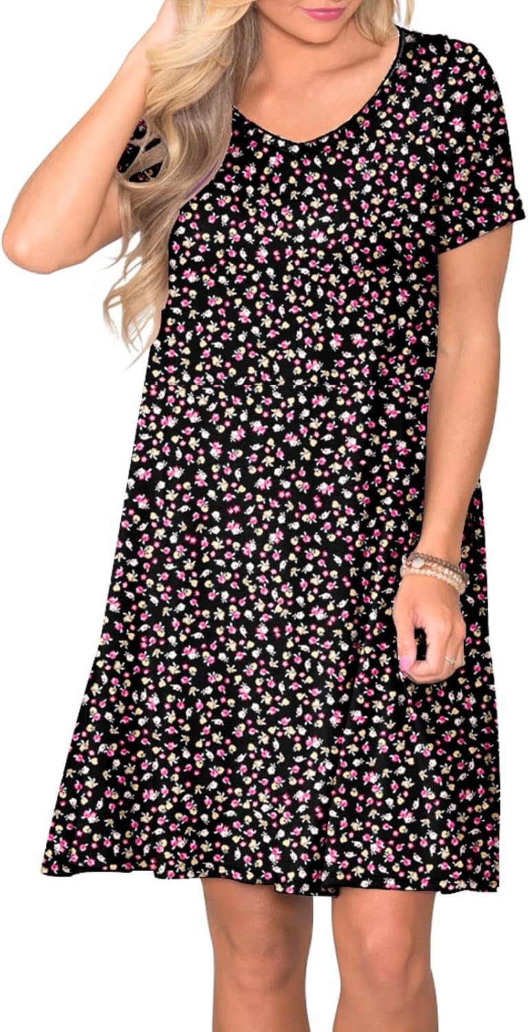 Women's Casual Short Sleeve V Neck Swing T Shirt Dress with Pockets - Image 2