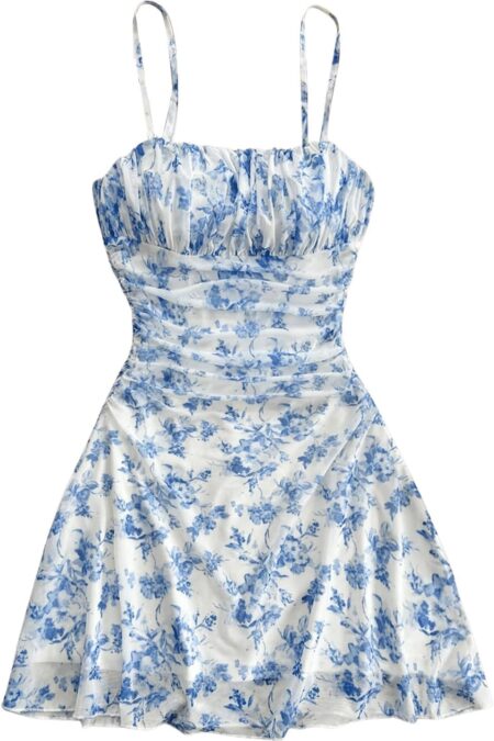 Women's Floral Print Ruched Cami Ruffle Hem Mesh Mini Dress