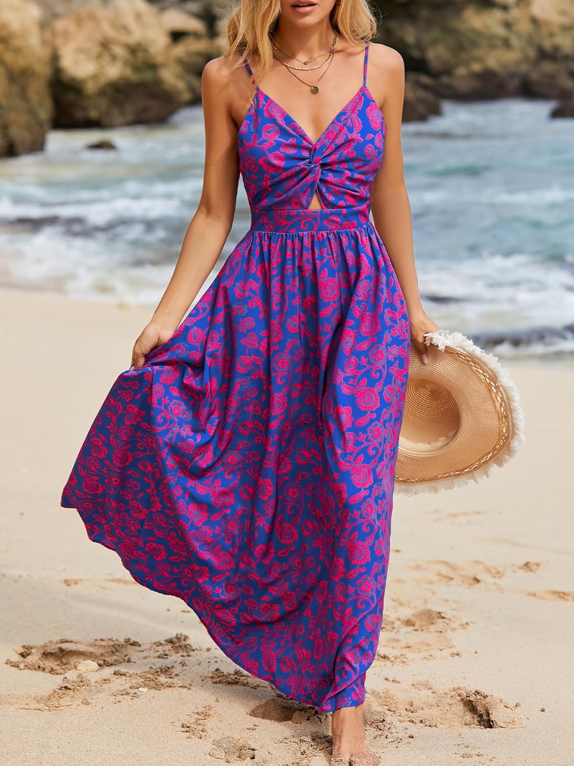 Women's Floral Print Twisted V Neck Sleeveless Casual Long Maxi Dress - Image 2