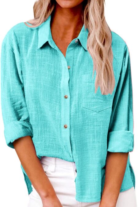 Women's Gauze Cotton Long Sleeve Collared Linen Button Down Shirt