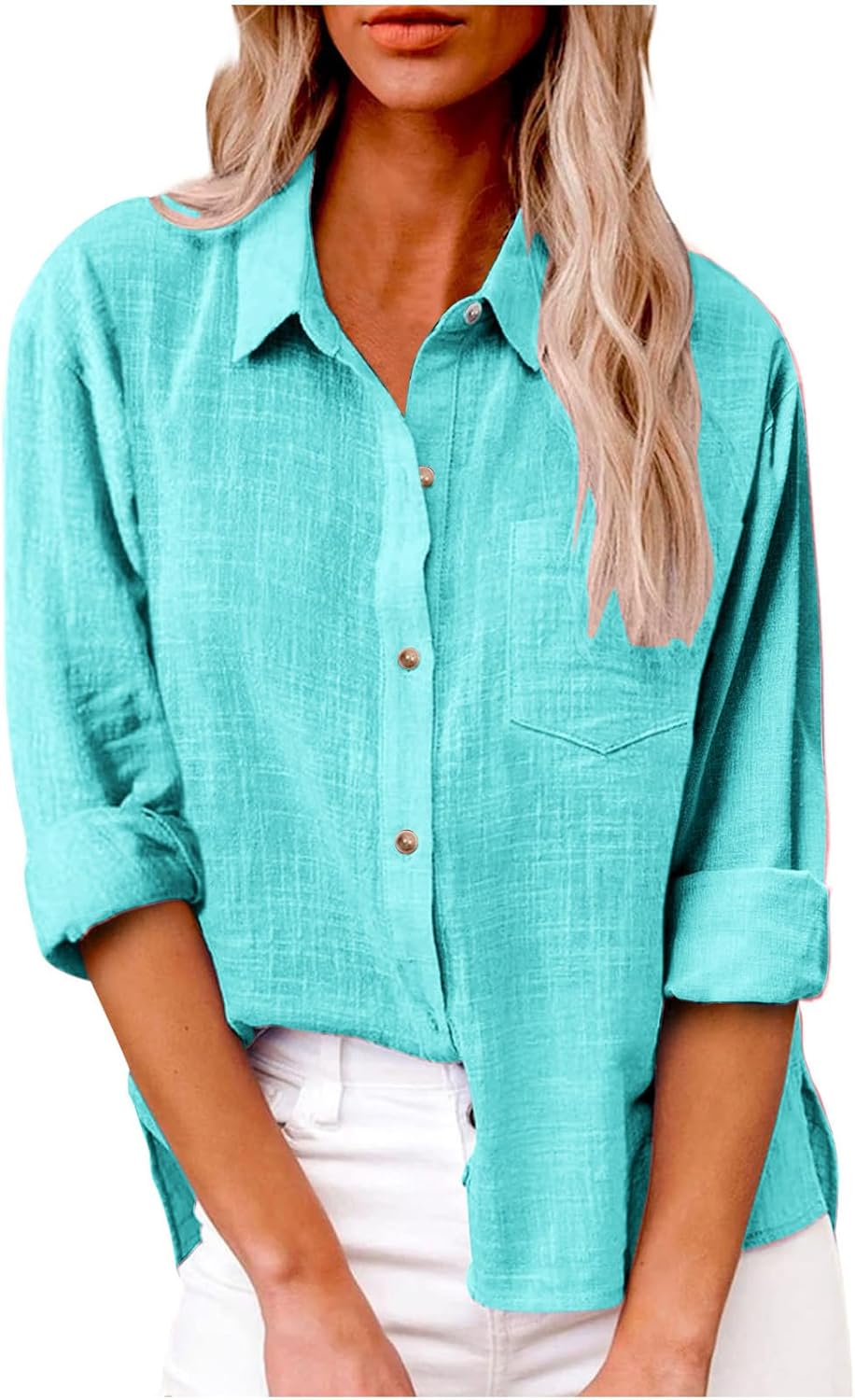 Women's Gauze Cotton Long Sleeve Collared Linen Button Down Shirt