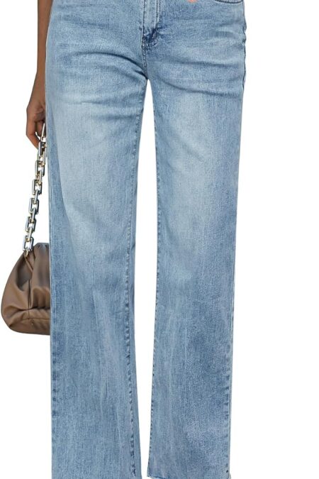 Women's High Waisted Stretchy Frayed Raw Hem Straight Leg Jeans
