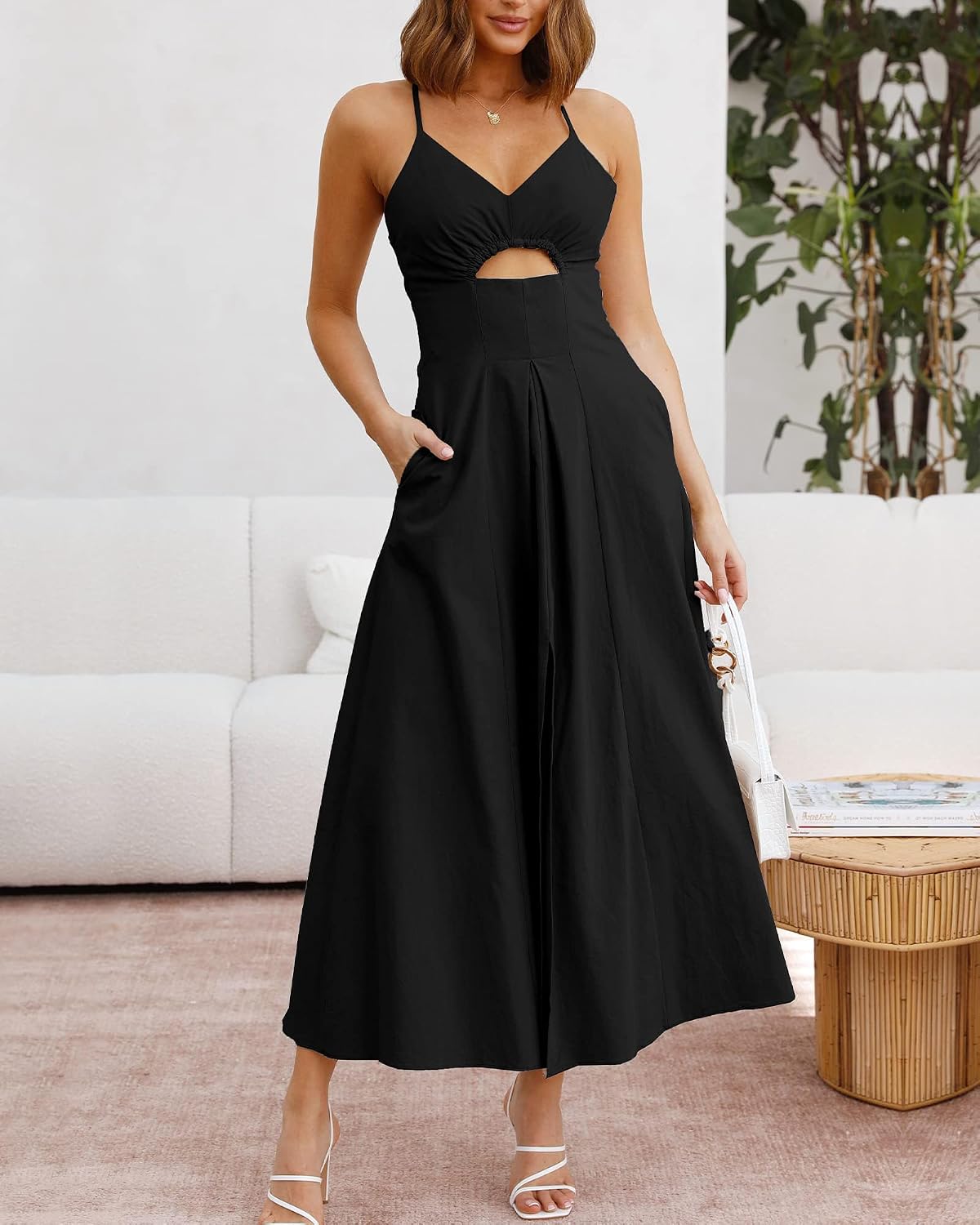 Women's Spaghetti Strap Deep V Neck Cutout Slit Casual Beach Maxi Dress with Pockets - Image 2