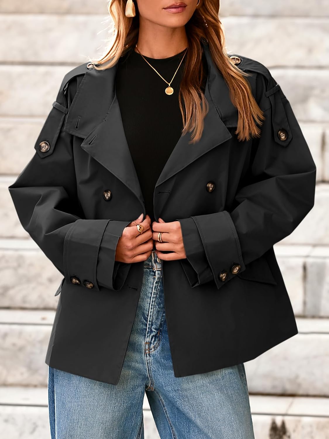 Women's Oversized Double Breasted Stand Collar Short Cropped Trench Coat - Image 2