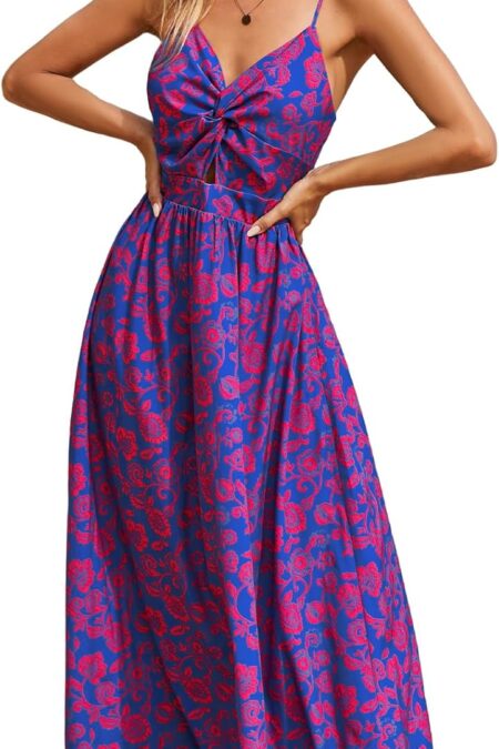 Women's Floral Print Twisted V Neck Sleeveless Casual Long Maxi Dress